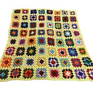 Vintage Handmade Crochet Granny Square Blanket Yellow Boho Throw Afghan